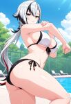 1girl ai_generated arlecchino_(genshin_impact) big_breasts bikini black_bikini_bottom black_bikini_top black_eyes black_hair breasts cleavage female_only genshin_impact long_hair low_ponytail multicolored_bikini multicolored_hair outdoor_pool outside pool poolside red_hair red_pupils seductive_eyes seductive_look seductive_smile smile solo_female vegaforge white_bikini_top white_hair x-shaped_pupils