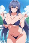 1girl ai_generated azur_lane big_breasts bikini blue_bikini blue_eyes blue_hair blush breasts cleavage female_only long_hair new_jersey_(azur_lane) outdoor_pool outside pool poolside pulling_bikini_string ship_girl smile solo_female vegaforge