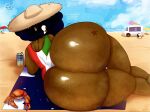 afro beach beach_background beach_towel black_hair crab dark-skinned_femboy dark-skinned_male enormous_ass fat_ass freckles_on_ass ice_cream jayden_(fazzinart) lemonade sand shiny_ass shiny_skin swimsuit