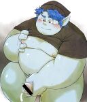 1boy barley_lightfoot blue_hair blue_skin blush censor_bar chiro_(artist) chubby chubby_male elf elf_male male_only masturbation onward onward_(2020) plain_background pointy_ears sweat