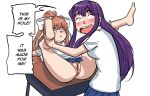  2_girls anus ass bottomless brown_hair desk doki_doki_literature_club feet legs legs_up monika_(doki_doki_literature_club) on_back purple_hair pussy school_uniform thighs yuri_(doki_doki_literature_club) 