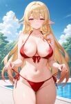 1girl ai_generated alice_(genshin_impact) big_breasts bikini bikini_top_aside blonde_hair blush breasts breasts_out female_only genshin_impact long_hair milf nipples orange_eyes outdoor_pool outside pointy_ears pool poolside pulling_bikini_string red_bikini smile solo_female vegaforge