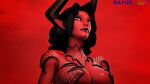 annoyed_expression big_breasts black_hair black_lips black_lipstick colored_skin covered_nipples demon_girl demon_horns elf_ears gamir_sfm horns long_ears looking_at_viewer looking_down makeup open_clothes paladins paladins_champions_of_the_realm parted_bangs pointy_ears red_background red_skin sidelocks turtleneck upper_body