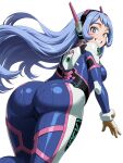 ai_generated aninox back_view backboob bare_thighs big_ass big_breasts blue_eyes blue_hair bodysuit boku_no_hero_academia d.va_(cosplay) fat_ass gigantic_ass huge_breasts huge_thighs large_breasts light-skinned_female light_skin long_hair looking_back massive_ass my_hero_academia nejire_hadou overwatch solo_female thick_body thick_female thick_thighs thighs voluptuous voluptuous_female