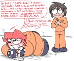 2boys blaehine blush cringe gloves handcuffs haruki_teshigawara homosexual jail lying_on_floor male oc orange_clothing original original_character prison prison_clothes prisoner red_hair spanish_text text white_background yaoi