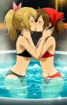   bandana bare bare_arms bare_shoulders blonde_hair blush brown_hair female/female friends kissing may_(pokemon) nintendo_switch pokemon pokemon_(anime) pokemon_(game) ponytail serena_(pokemon) swimsuit yuri