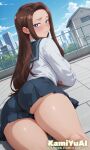 ai_generated amane_kei bare_thighs big_ass big_ass blue_eyes brown_hair fat_ass gigantic_ass gigantic_breasts grin gyaru huge_breasts huge_thighs light-skinned_female light_skin long_hair looking_back massive_ass massive_breasts otaku_ni_yasashii_gal_wa_inai!? panties school_uniform schoolgirl solo_female squatting sweat sweatdrop thick_body thick_female thick_thighs thighs voluptuous voluptuous_female