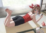 ass blue_eyes brown_hair casual clothed clothing feet light-skinned_female looking_at_viewer may_(pokemon) nintendo on_stomach pokemon