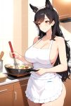 1girl ai_generated apron apron_only atago_(azur_lane) azur_lane big_breasts black_hair blush breasts brown_eyes cleavage cooking dog_ears dog_girl female_only kitchen long_hair naked_apron naked_female nude nude nude_female ship_girl sideboob smile solo_female