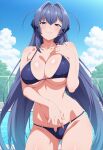 1girl ai_generated azur_lane big_breasts bikini blue_bikini blue_eyes blue_hair blush breasts cleavage female_only hand_on_chest hands_on_own_chest long_hair new_jersey_(azur_lane) outdoor_pool outside pool poolside ship_girl smile solo_female vegaforge