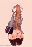 1girl 1girl ass brown_hair clothing doki_doki_literature_club light-skinned_female monika_(doki_doki_literature_club) panties school_uniform simple_background skirt solo_female