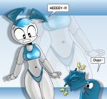 bloo blooregard blue_hair blue_panties blue_skin crossover embarrassing jenny_wakeman my_life_as_a_teenage_robot panties robot surprise twin_tails underwear wardrobe_malfunction x^j^kny xj-9