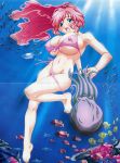 anime bikini blush bottomless breasts embarrassed fish open_mouth pink_bikini side-tie_bikini squid tentacle toes underwater wardrobe_malfunction water