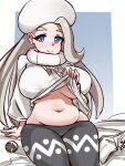  1girl alternate_breast_size belly big_breasts breast breasts chubby clothed eye_contact female_only hair_over_one_eye hat huge_breasts human human_only leggings looking_at_viewer melony_(pokemon) midriff milf navel nintendo pokemon pokemon_ss shirt_lift sirachi thick_thighs ultra_ball under_boob wide_hips 