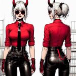  ai_generated back_view choker demon_girl demon_tail front_view glasses gloves horns long_hair ponytail red_shirt shirt spiked_collar sunglasses tail tie tied_hair 