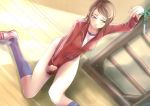  1girl anime bdsm bondage bottomless bound brown_eyes brown_hair covering covering_crotch dutch_angle embarrassed footwear gym_uniform jacket jump_rope kneehighs kneeling legs long_legs original painpa purple_eyes shirt_tug shoes short_hair sitting sneakers socks solo violet_eyes 