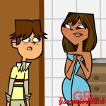 black_eyes blush breasts brown_hair brown_skin cartoon_network cody_(tdi) courtney_(tdi) dark-skinned_female freckles gwennie_black_(artist) hourglass_figure interracial latina short_hair thick_ass thick_legs thick_thighs total_drama_island