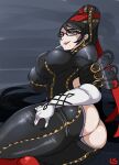 1girl 1girl alternate_breast_size ass backless bayonetta bayonetta_(character) big_breasts black_hair bodysuit bubble_butt female_only glasses gloves huge_breasts lightsource lollipop long_hair mole on_side tight_clothes