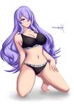 1girl alluring ass_visible_through_thighs bare_arms bare_legs bare_midriff barefoot big_breasts black_panties bra breasts camilla_(fire_emblem) cleavage female_only fire_emblem fire_emblem_fates hair_over_one_eye kneel legs long_hair midriff nintendo panties pink_eyes purple_hair smile sonicheroxd underwear very_long_hair white_background