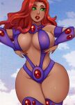 1girl alien alien_girl alluring armband big_breasts bracer breasts caucasian cleavage clothed curvy dc_comics fingerless_gloves green_eyes legs lipstick long_hair milf navel outside panties parted_lips purple_clothes ravenemore red_hair redhead revealing_clothes sexy skin_tight slut standing starfire stockings stomach teen_titans thick thick_thighs uniform wide_hips