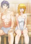 banished_from_the_hero's_party_i_decided_to_live_a_quiet_life_in_the_countryside big_breasts blonde_hair blue_hair breasts canon_couple embarrassed exposed_nipple gideon_ragnason rit rit_(shin_no_nakama) sauna shin_no_nakama_janai_to_yuusha_no_party_wo_oidasareta_no_de_henkyou_de_slow_life_suru_koto_ni_shimashita side_by_side sitting towel