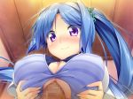 1girl astronauts blue_hair blush breast_hold breasts censored churack_ririela cleavage engulfing_paizuri erect! huge_breasts paizuri piromizu purple_eyes ririela_churack smile source_request