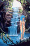  1girl 1girl 1girl akairiot arms_behind_back bangs black_eyes blue_hair blunt_bangs breasts cleavage eyebrows_visible_through_hair high_resolution holding_own_arm in_water kelda_(akairiot) liquid_hair long_hair medium_breasts nature navel nude original outside partially_submerged rock smile standing third-party_edit twitter very_long_hair wading water waterfall 