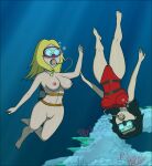 2girls american_dad bikini blonde blonde_hair brunette cameltoe female_only francine_smith nude original_character red_swimsuit sea sexfightfun sexfightfun_(character) swimming swimsuit underwater water