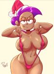 1girl areola artist_name big_breasts breasts brown_skin cartoon_network christmas curvy enid_mettle eyes_half_open female_only huge_breasts legs looking_at_viewer micro_bikini navel nipples nipples_visible_through_clothing ok_k.o.!_let's_be_heroes presenting profit purple_hair santa_hat sexy sling_bikini slut standing stomach thick thick_thighs wide_hips