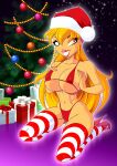 1girl big_breasts bikini blonde_hair cameltoe christmas christmas_outfit christmas_present christmas_tree erect_nipples female_only hand_on_breast huge_breasts night santa_hat stella winx_club zfive