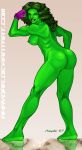 1girl 2007 ass bottomless breasts butt dark_hair female female_only green_eyes green_hair green_skin hulk_(series) jennifer_walters long_hair marvel marvel_comics muscle naked nude rhaydar she-hulk solo superheroine topless wink