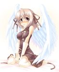 1girl angel_wings bare_shoulders blush elbow_gloves erect_nipples feathered_wings gloves hair hair_ribbon light_brown_hair minami_juujisei original red_eyes ribbon simple_background sitting solo suggestive_fluid thighhighs v_arms wariza white_background white_gloves white_legwear white_wings wings