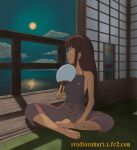  1girl apron arms balcony bare_arms barefoot cloud crosslegged female_focus female_only ghibli hand_fan hands lin lin_(spirited_away) lips lipstick long_brown_hair looking_to_the_side moon night nipple_peek nipple_slip rin rin_(chihiro) sen_to_chihiro_no_kamikakushi shoji sky spirited_away studio_ghibli toes 