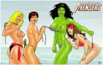 4girls areola areolae artist_request avengers beach big_breasts bikini blonde_hair breasts brown_hair carol_danvers dark_hair female female_only green_hair green_skin janet_van_dyne jennifer_walters long_hair marvel marvel_comics ms._marvel nipples red_hair scarlet_witch she-hulk short_hair superheroine the_wasp thong thong_bikini topless wanda_maximoff