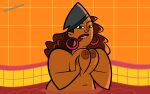  1girl big_areola big_breasts big_hair biting_lip dark-skinned_female dark_skin hoop_earrings huge_breasts leshaniqua_(tdi) looking_at_viewer nude_female pool pressing_breasts_together sunset total_drama_island venturatheace 