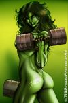 1girl ass dumbbell female female_only fingerless_gloves gloves gradient gradient_background green_eyes green_hair green_lips green_skin hulk_(series) jennifer_walters long_hair marvel marvel_comics muscle nude she-hulk solo superheroine sweat weights workout