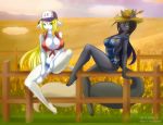 black black_hair blonde_hair breasts canine couple daisy_dukes farm female furry green_eyes hair hat jessica_elwood_(artist) jessica_elwood_(character) midriff mira skimpy straw_hat tail wheat white yellow_eyes