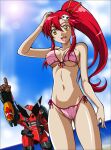  00s 1girl alluring beach bikini breasts covered_erect_nipples cowboy_shot female_only front-tie_bikini_top front-tie_top hanzou long_hair medium_breasts panties pink_bikini ponytail red_hair side-tie_bikini_bottom side-tie_panties solo_female swimsuit tengen_toppa_gurren-lagann underwear yellow_eyes yoko_littner 