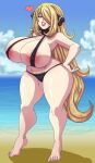 1girl alternate_breast_size beach big_breasts bikini black_bikini blonde_hair commission commissioner_upload curvy cynthia_(pokemon) female_focus female_only grey_eyes huge_breasts human justonehumanjoh partially_clothed pokemon pubic_hair solo_female solo_focus wide_hips