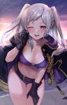 1girl 1girl ;d absurd_res alluring asada_sadao beach belt belt_buckle bikini black_gloves blush breasts brown_belt brown_eyes buckle cleavage cloak collarbone commentary_request fire_emblem fire_emblem_awakening fire_emblem_heroes gloves high_res hood hood_down hooded_cloak jewelry long_hair looking_at_viewer medium_breasts navel nintendo o-ring o-ring_bikini official_alternate_costume one_eye_closed open_mouth outside purple_bikini robin_(fire_emblem) sand smile swept_bangs swimsuit teeth twin_tails upper_teeth_only water white_hair