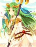 1girl 1girl alluring asada_sadao bad_id bad_pixiv_id bracelet green_eyes green_hair heart high_res jewelry kid_icarus kid_icarus_uprising long_hair lots_of_jewelry matching_hair/eyes necklace nintendo palutena shield smile staff stockings super_smash_bros. tiara very_long_hair