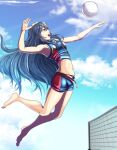 1girl alluring armpits barefoot blue_eyes blue_hair blue_shorts crop_top day fire_emblem fire_emblem_awakening floating_hair from_side hair_between_eyes jumping long_hair lucina lucina_(fire_emblem) midriff navel nintendo open_mouth outside short_shorts shorts sleeveless stomach sukkirito_(rangusan) very_long_hair volleyball volleyball_net