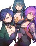  3_girls armor asymmetrical_clothes asymmetrical_hair bangs berg berg-yb big_breasts black_gloves black_hair blue_eyes blue_hair breasts byleth_(fire_emblem) byleth_(fire_emblem)_(female) choker cleavage closed_mouth clothed_female collarbone female_focus female_only fire_emblem fire_emblem:_three_houses fire_emblem_warriors:_three_hopes food gloves hair_bun hair_over_one_eye high_res jacket long_hair looking_at_viewer mature mature_female medium_hair multiple_girls nintendo purple_eyes purple_hair shamir_nevrand shez_(female)_(fire_emblem) shez_(fire_emblem) shez_(fire_emblem)_(female) short_hair simple_background single_hair_bun tagme teal_hair video_game_character video_game_franchise 