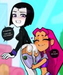 2girls ass ass_grab ass_worship blush cartoon_network dc_comics dialogue female_only koriand'r leotard loodncrood rachel_roth raven_(dc) starfire tagme teen_titans teen_titans_go young_adult yuri