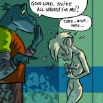 blush comic dialogue female furry kit_(sublimate) lizard male nude petite poolside_series rodent scaley scalie shy sublimate wednesday_(sublimate)