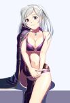 1girl alluring bikini black_footwear boots breasts brown_eyes cleavage closed_mouth collarbone fire_emblem fire_emblem_awakening grey_background jewelry long_hair looking_at_viewer medium_breasts navel necklace nintendo o-ring o-ring_bikini purple_bikini robin_(fire_emblem) silver_hair simple_background single_boot sitting smile sukkirito_(rangusan) swept_bangs swimsuit twin_tails under_boob