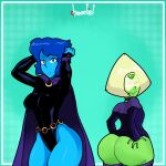  2girls ass ass_grab belt big_ass big_breasts blue_body blue_eyes blue_hair blue_skin breasts cartoon_network cloak cosplay crossover crossover_cosplay dat_ass dc_comics female_only green_body green_skin grin heartist huge_ass huge_breasts jinx jinx_(cosplay) lapis_lazuli_(steven_universe) large_ass leotard looking_at_viewer multiple_girls peridot_(steven_universe) raven_(cosplay) raven_(dc) short_hair smile smiling_at_viewer steven_universe teen_titans tight_clothes tight_clothing tight_leotard 