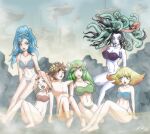 1boy 5girls alluring amazon_pandora barefoot bikini blonde_hair blue_eyes blue_hair brown_hair cleavage green_eyes green_hair hot_spring kid_icarus kid_icarus_uprising long_hair medusa medusa_(kid_icarus) multiple_girls navel palutena phosphora pit ponytail public short_hair snake_hair steam strapless_bikini swimming_trunks swimsuit trishbot tubetop viridi water