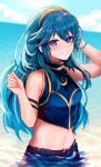  1girl 1girl alluring asada_sadao beach belt blue_eyes blue_hair blue_one-piece_swimsuit blue_sky blush breasts brown_belt cloud commentary_request day fingernails fire_emblem fire_emblem_awakening fire_emblem_cipher gold_trim hair_between_eyes hand_in_own_hair high_res lips looking_at_viewer lucina lucina_(fire_emblem) midriff navel nintendo official_alternate_costume one-piece_swimsuit outside partially_submerged pink_lips sky small_breasts smile stomach swimsuit tiara water wet 