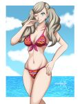 1girl 1girl 1girl alluring ann_takamaki beach bikini breasts clouds grey_hair light-skinned_female light_skin lipstick one_eye_closed persona persona_5 public sonicheroxd swimsuit teeth twin_tails water winking winking_at_viewer